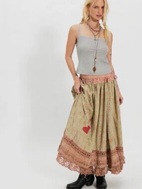 Magnolia Pearl Olive Floral Maxi Skirt with Pink Trim and Red Heart - NWOT